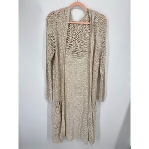 Duster Cardigan Womens M Oatmeal Cotton Linen Open Knit Hooded Pockets